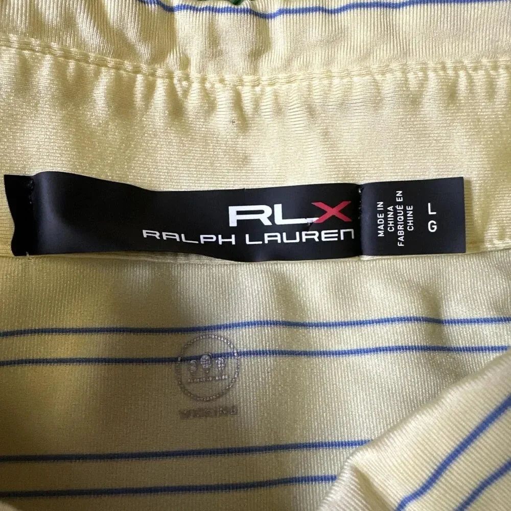 RLX Ralph Lauren Athletic Polo Shirt Men’s Large Yellow Blue Striped Stretch Fit